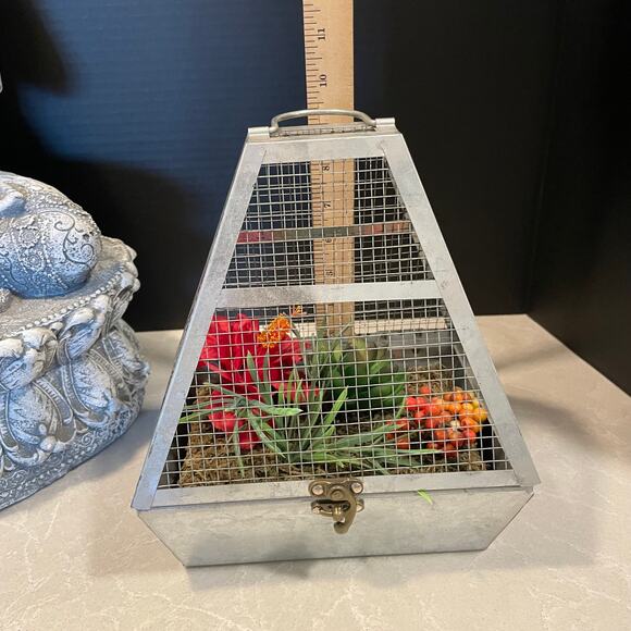 Galvanized metal faux flower terrarium cottage country home decor latch to open - Picture 8 of 8